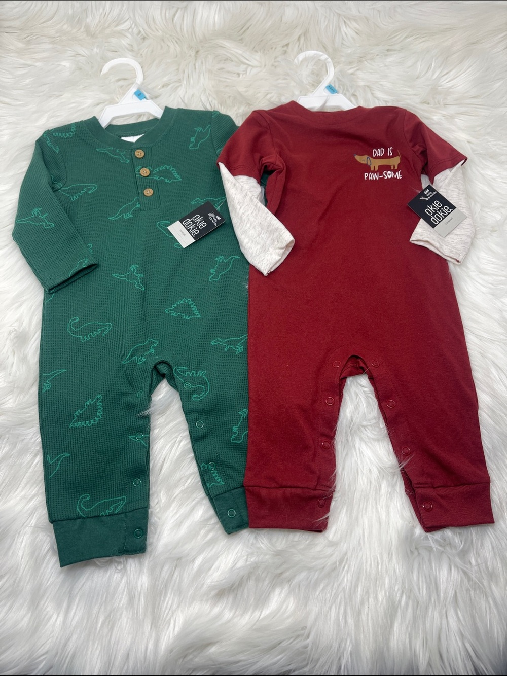 okie dokie Green Dino & Red 'Dad is Paw-some' Long-Sleeve One-Pieces